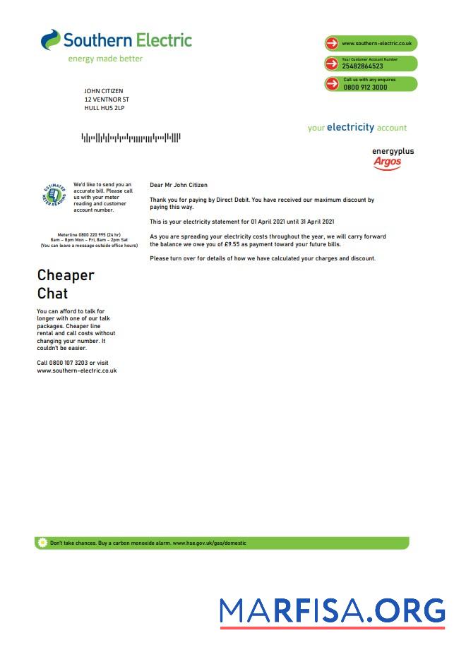 Printable United Kingdom Southern Electric proof of address utility bill template in Word and PDF format